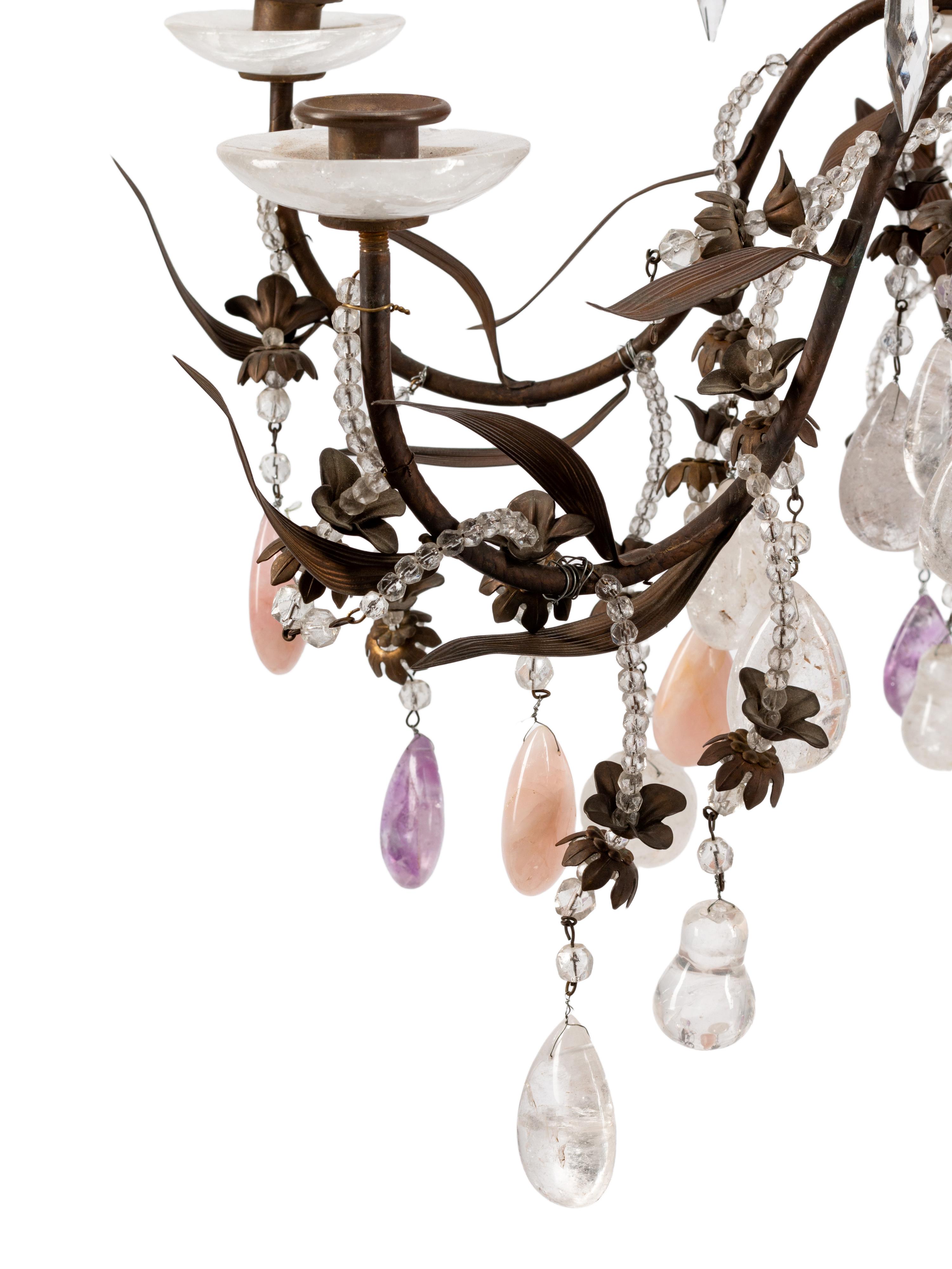 A French Bronze Chandelier with Rock Crystal, Amethyst and Rose Quartz Prisms