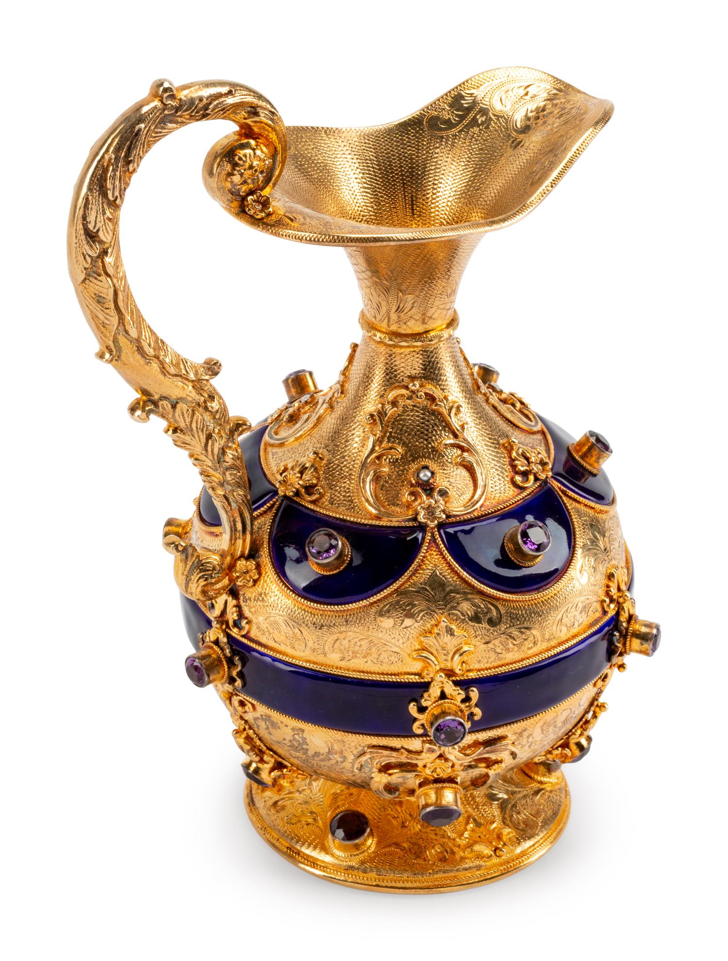 A Continental Amethyst Mounted and Enameled Silver-Gilt Ewer