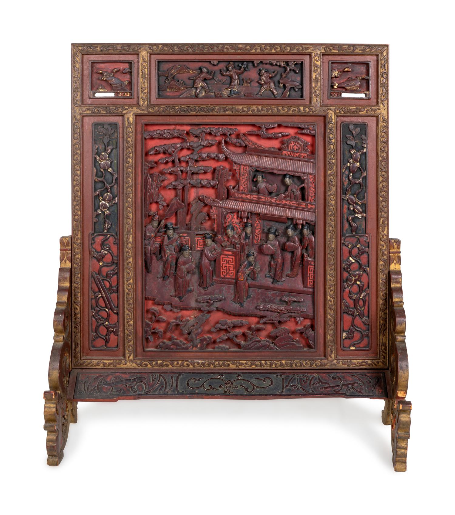 A Large Chinese Carved Red Lacquer Wood Table Screen
