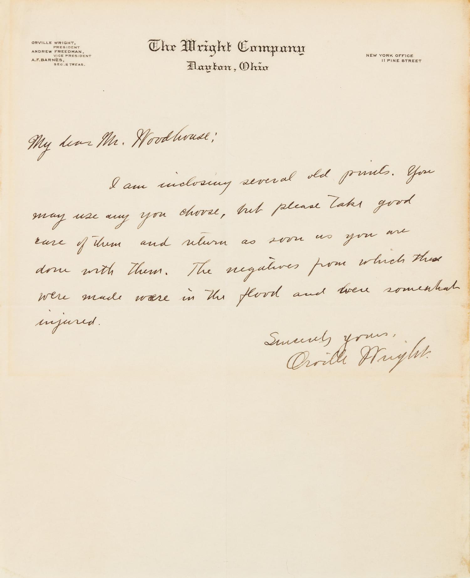 WRIGHT, Orville (1871-1948). Autograph letter signed ("Orville Wright"), to Mr. Woodhouse. Dayton, Ohio, n.d.