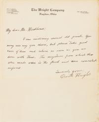 WRIGHT, Orville (1871-1948). Autograph letter signed ("Orville Wright"), to Mr. Woodhouse. Dayton, Ohio, n.d.