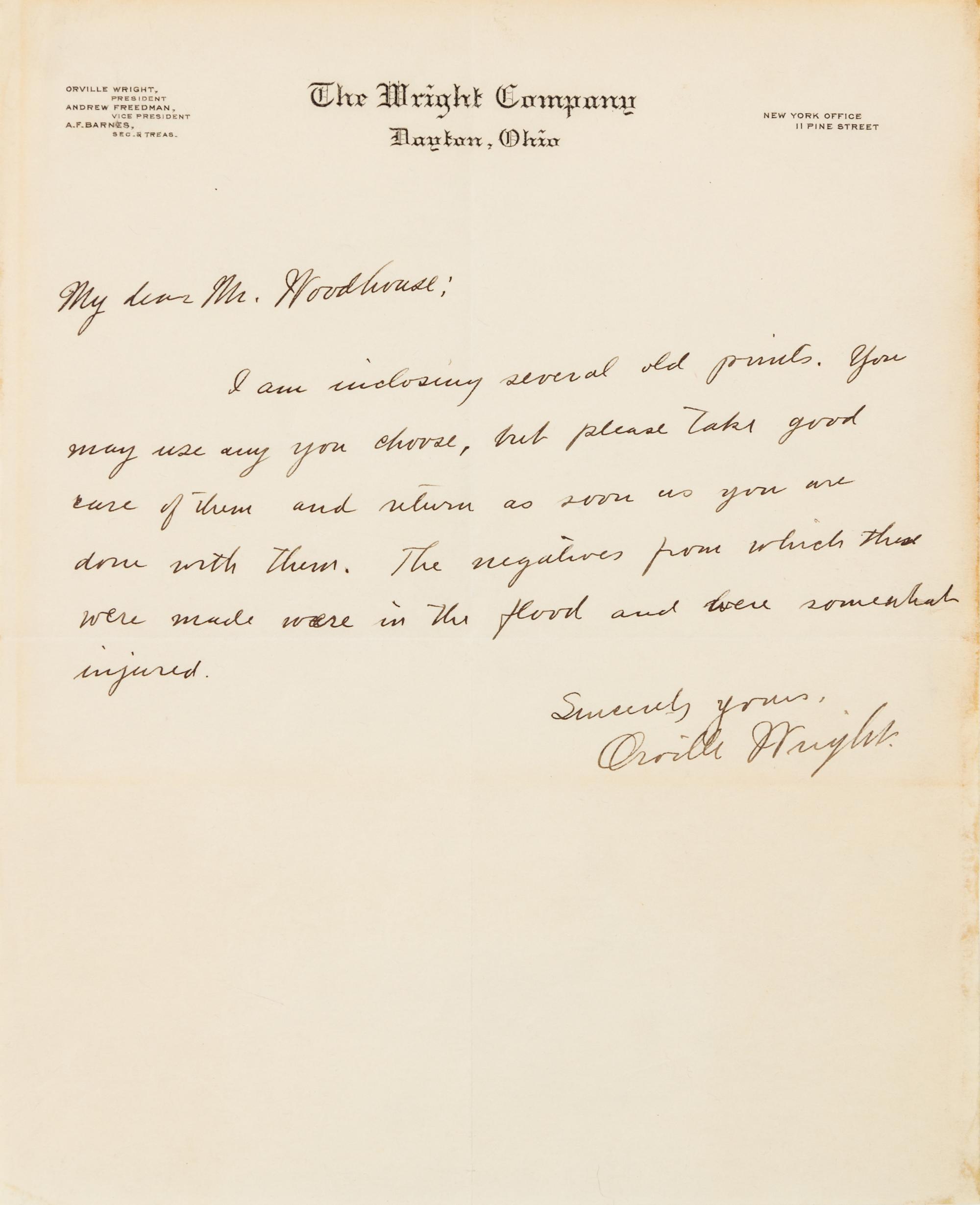 WRIGHT, Orville (1871-1948). Autograph letter signed ("Orville Wright"), to Mr. Woodhouse. Dayton, Ohio, n.d.