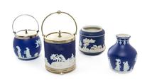 A Group of Four English Jasperware Table Articles Height of tallest 10 1/4 inches. — LATE 19TH/EARLY 20TH CENTURY