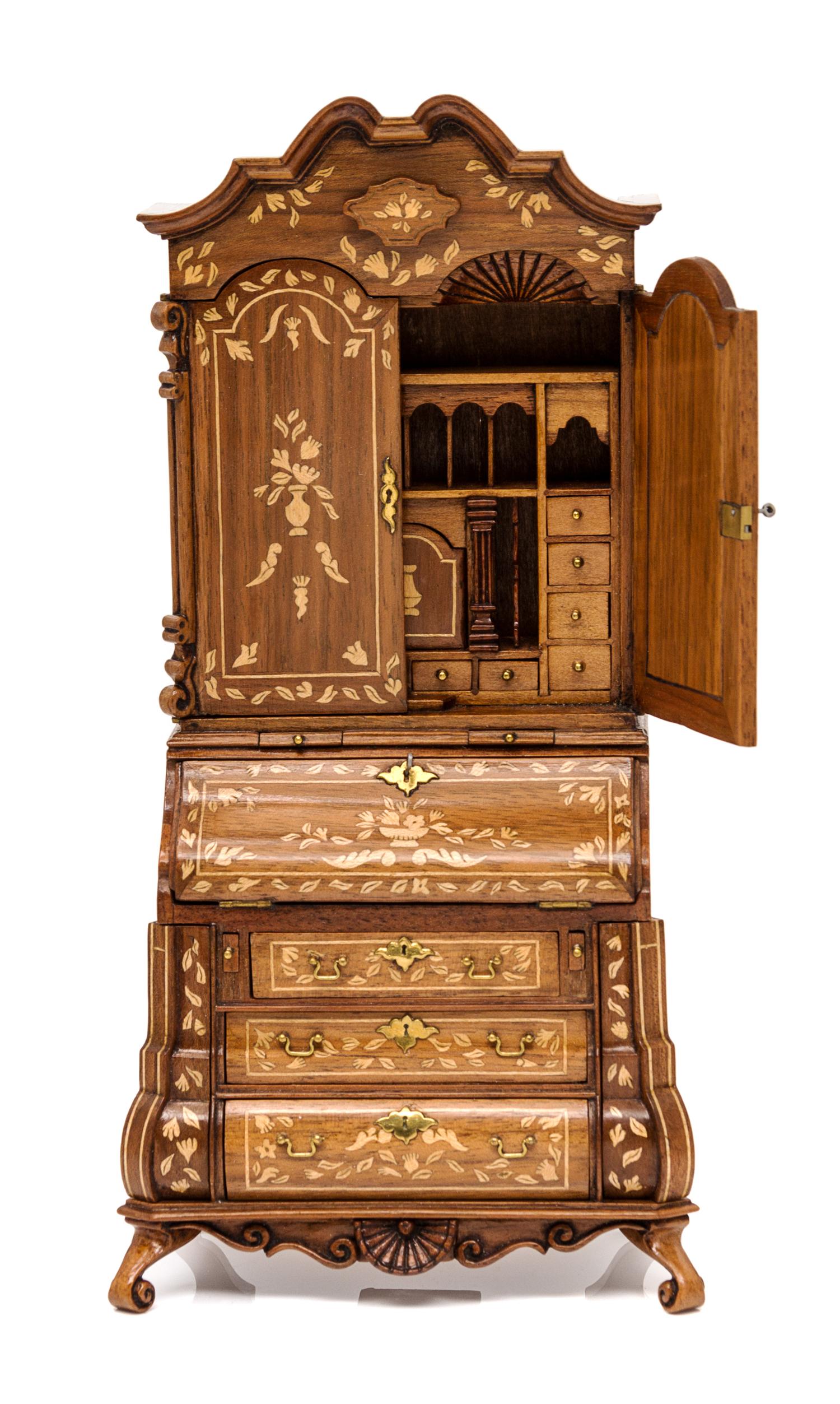 A Dutch Style Marquetry Secretary Bookcase Height 8 x width 4 x depth 2 1/8 inches. — John Davenport, 1987