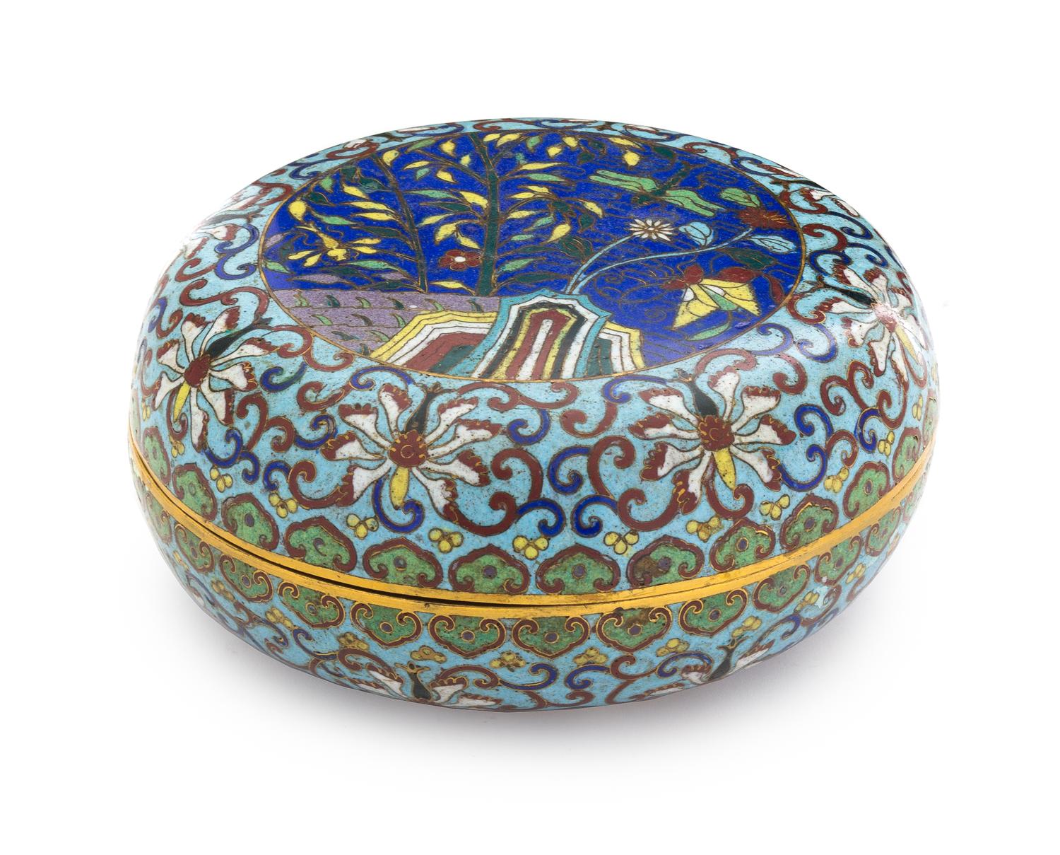 A Cloisonne Enamel Circular Box Diameter 8 1/4 inches.
