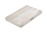 An English Silver and 14-Karat Gold Cigarette Case, Alfred Dunhill, London, the engine turned case having a rose and yellow gold banded