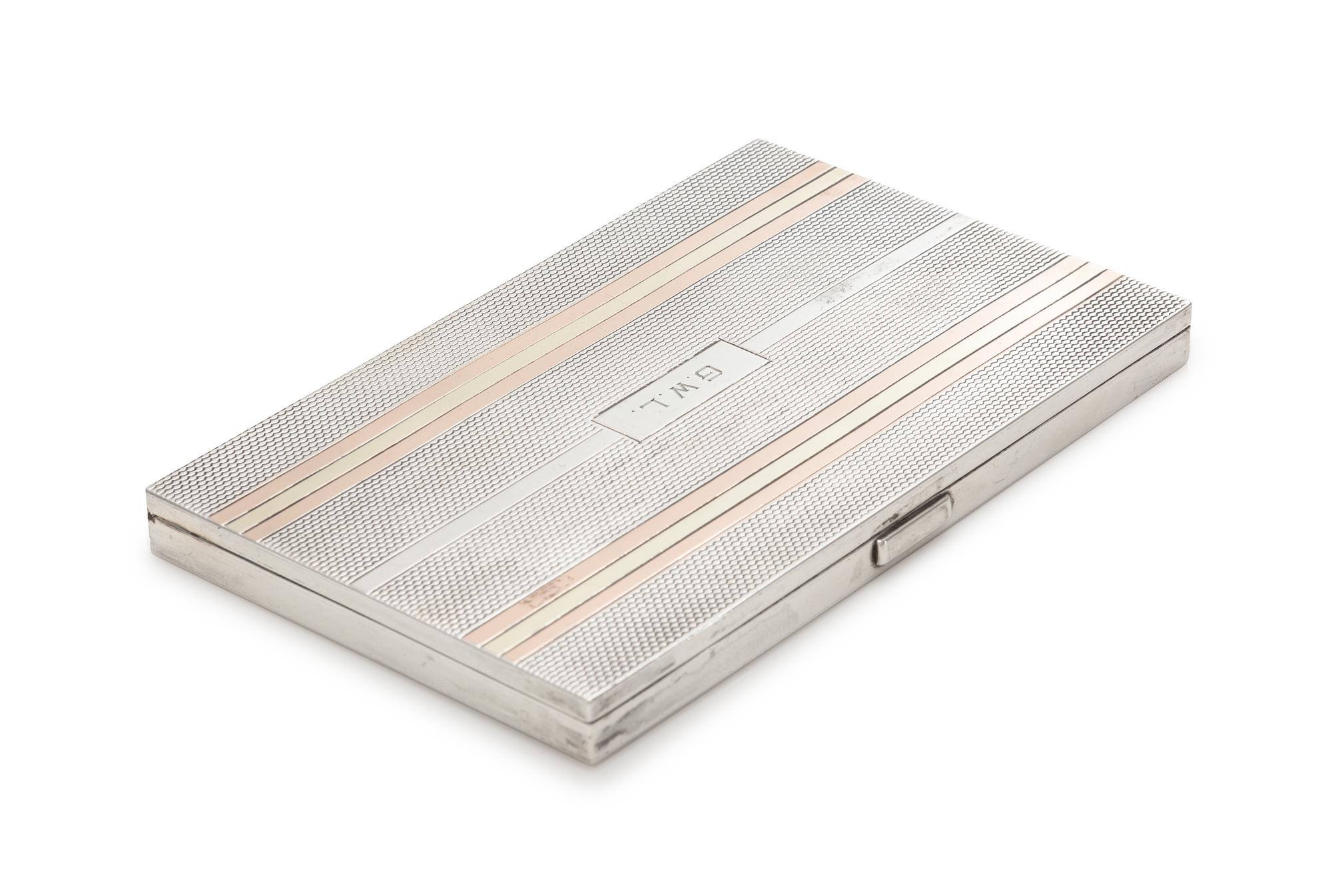 An English Silver and 14-Karat Gold Cigarette Case, Alfred Dunhill, London, the engine turned case having a rose and yellow gold banded