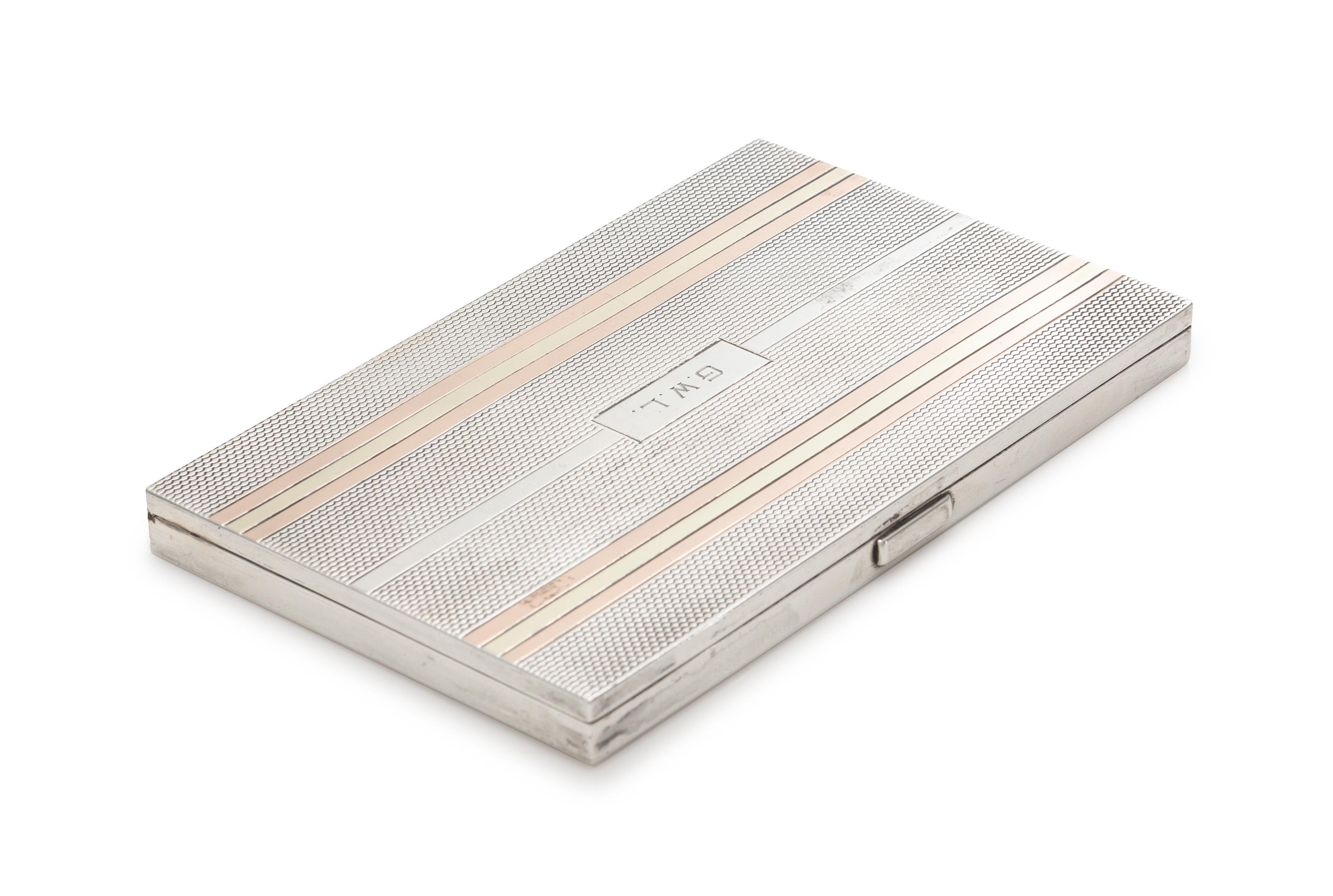 An English Silver and 14-Karat Gold Cigarette Case, Alfred Dunhill, London, the engine turned case having a rose and yellow gold banded