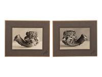 [AMERICANA - PIPES]. 2 ornately carved meerschaum pipes, each featuring animal motifs.