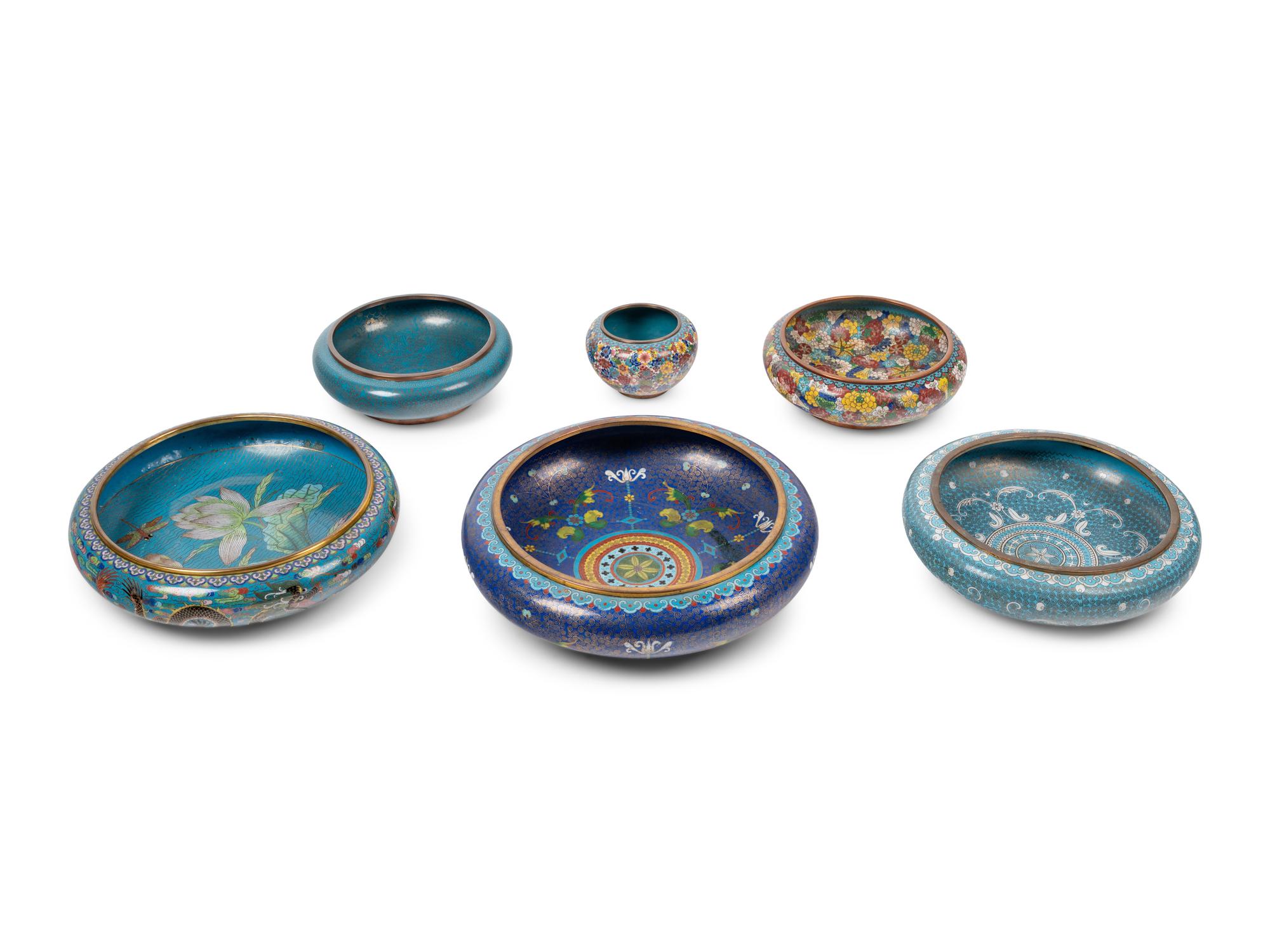 Six Chinese Blue Ground Cloisonné Enameled Brush Washers