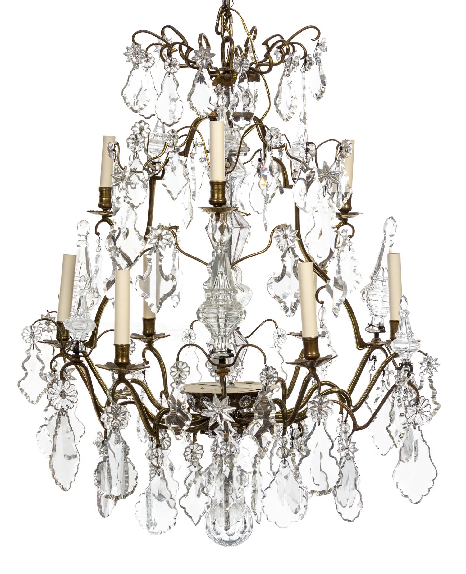 A French Brass and Glass Nine-Light Chandelier Height 37 x diameter 32 inches.