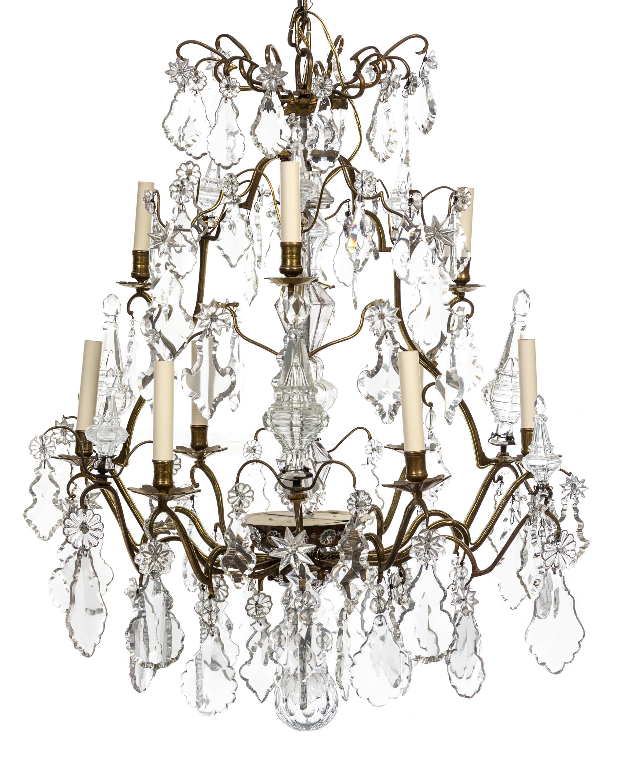 A French Brass and Glass Nine-Light Chandelier Height 37 x diameter 32 inches.
