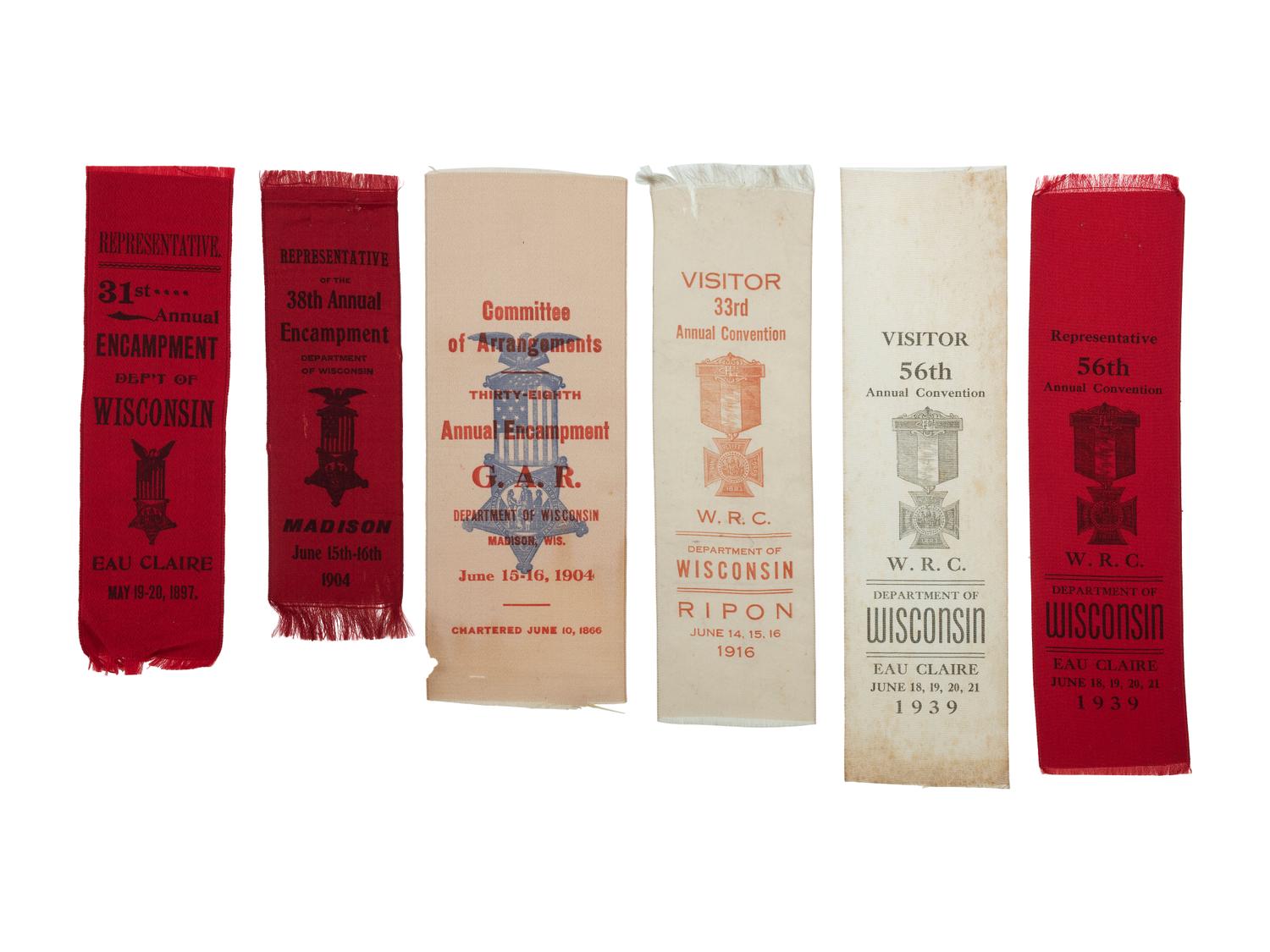 [CIVIL WAR -GRAND ARMY OF THE REPUBLIC & WOMEN'S RELIEF CORPS]. A large group of GAR, WRC, and other veterans' group ribbons and badges from Michigan, Wisconsin Indiana, and Illinois.