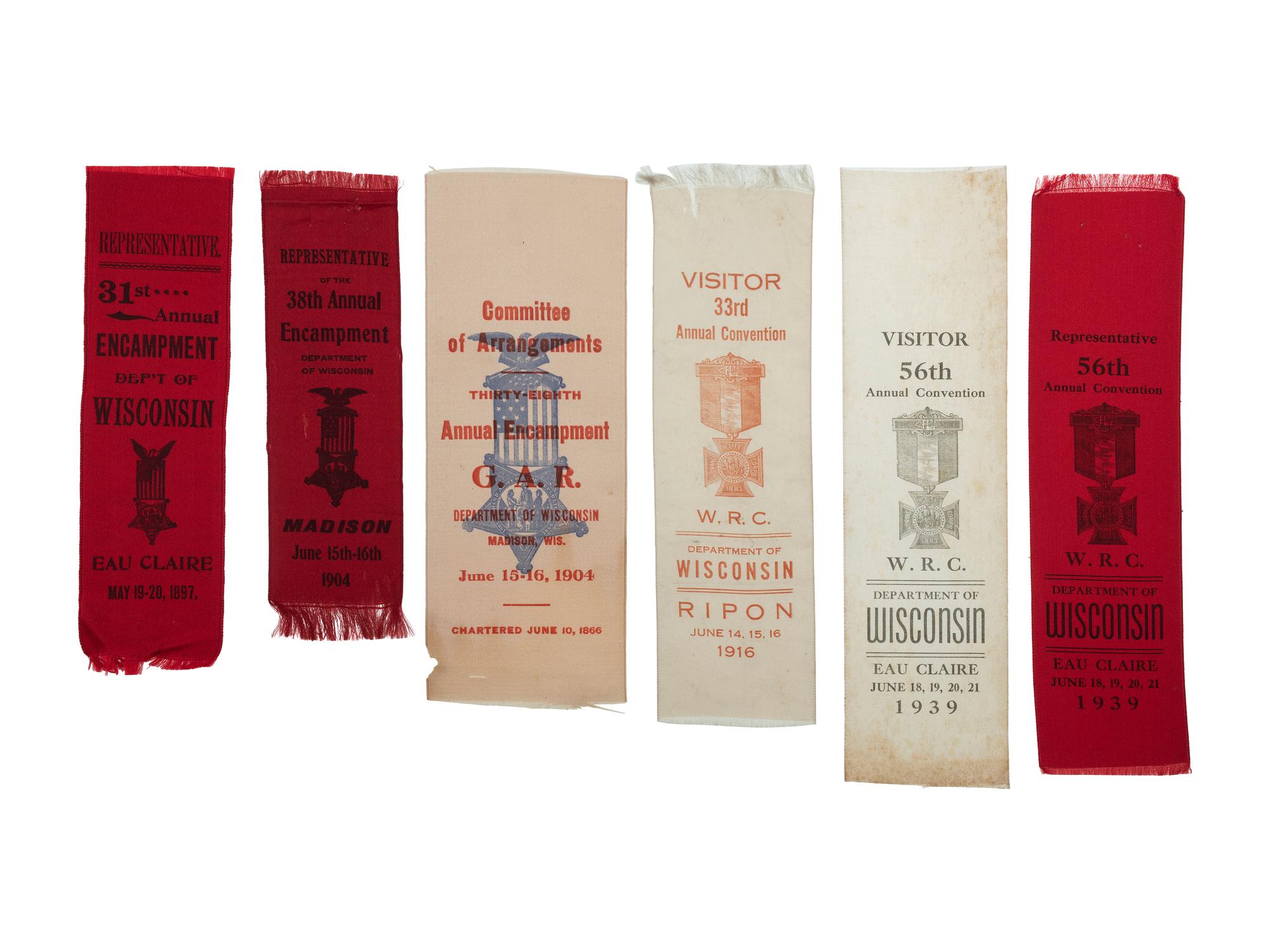 [CIVIL WAR -GRAND ARMY OF THE REPUBLIC & WOMEN'S RELIEF CORPS]. A large group of GAR, WRC, and other veterans' group ribbons and badges from Michigan, Wisconsin Indiana, and Illinois.