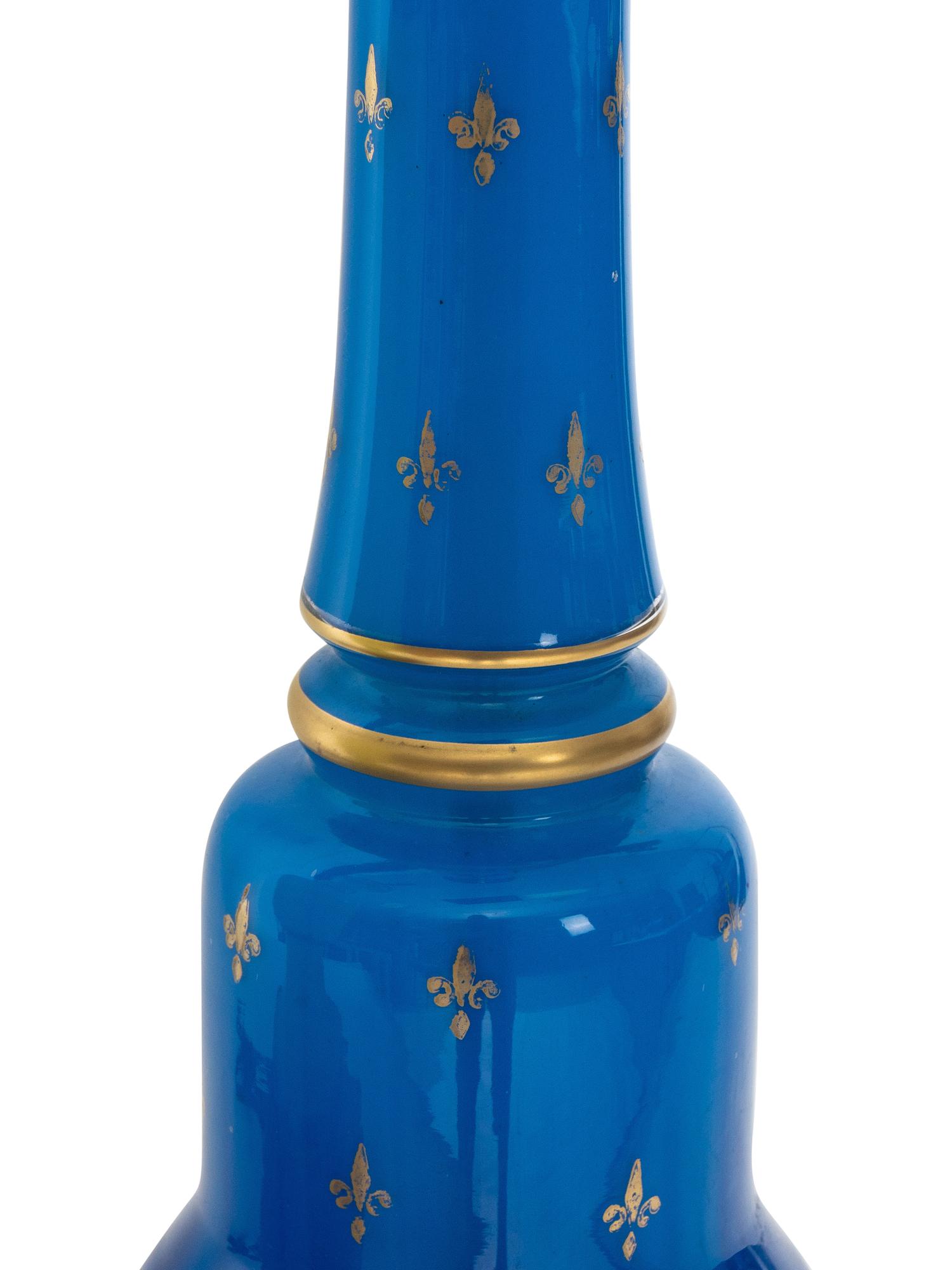 Two French Gilt Decorated Opaline Glass Table Lamps