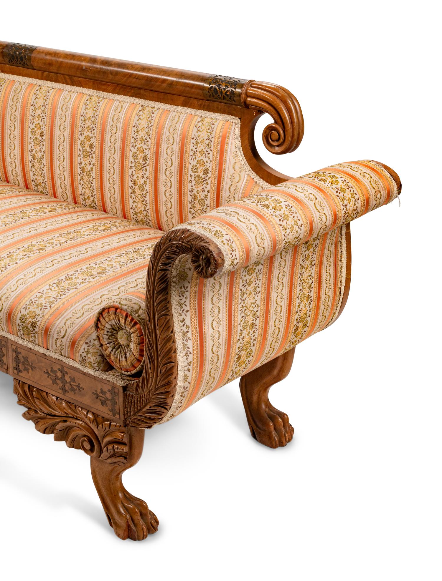 A American Classical Style Brass-Inlaid Mahogany Upholstered Settee — 19TH CENTURY