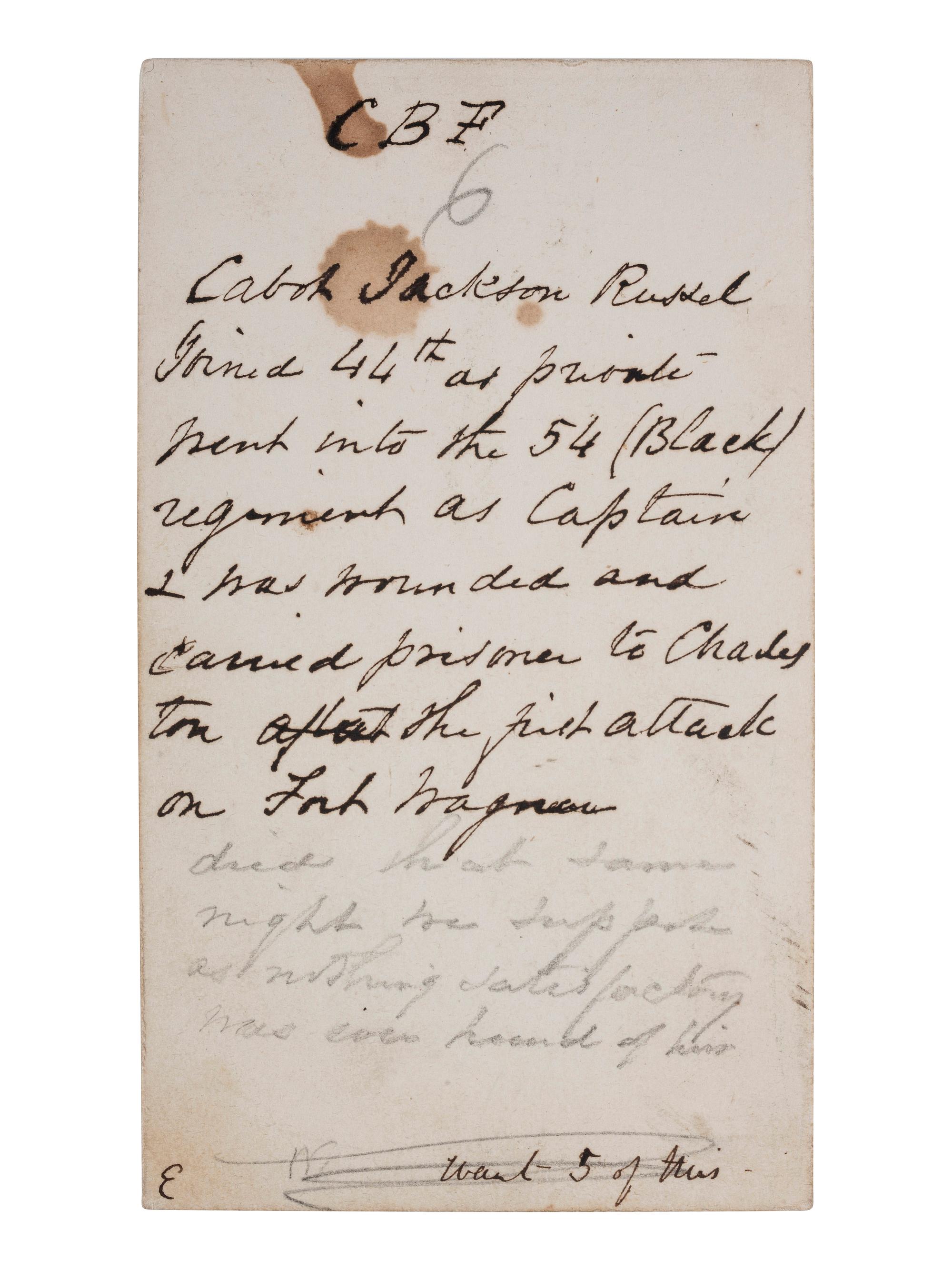 [CIVIL WAR]. CDV of Cabot J. Russell, 54th Massachusetts Infantry Regiment, KIA at Fort Wagner. [Boston: Whipple], ca 1863.