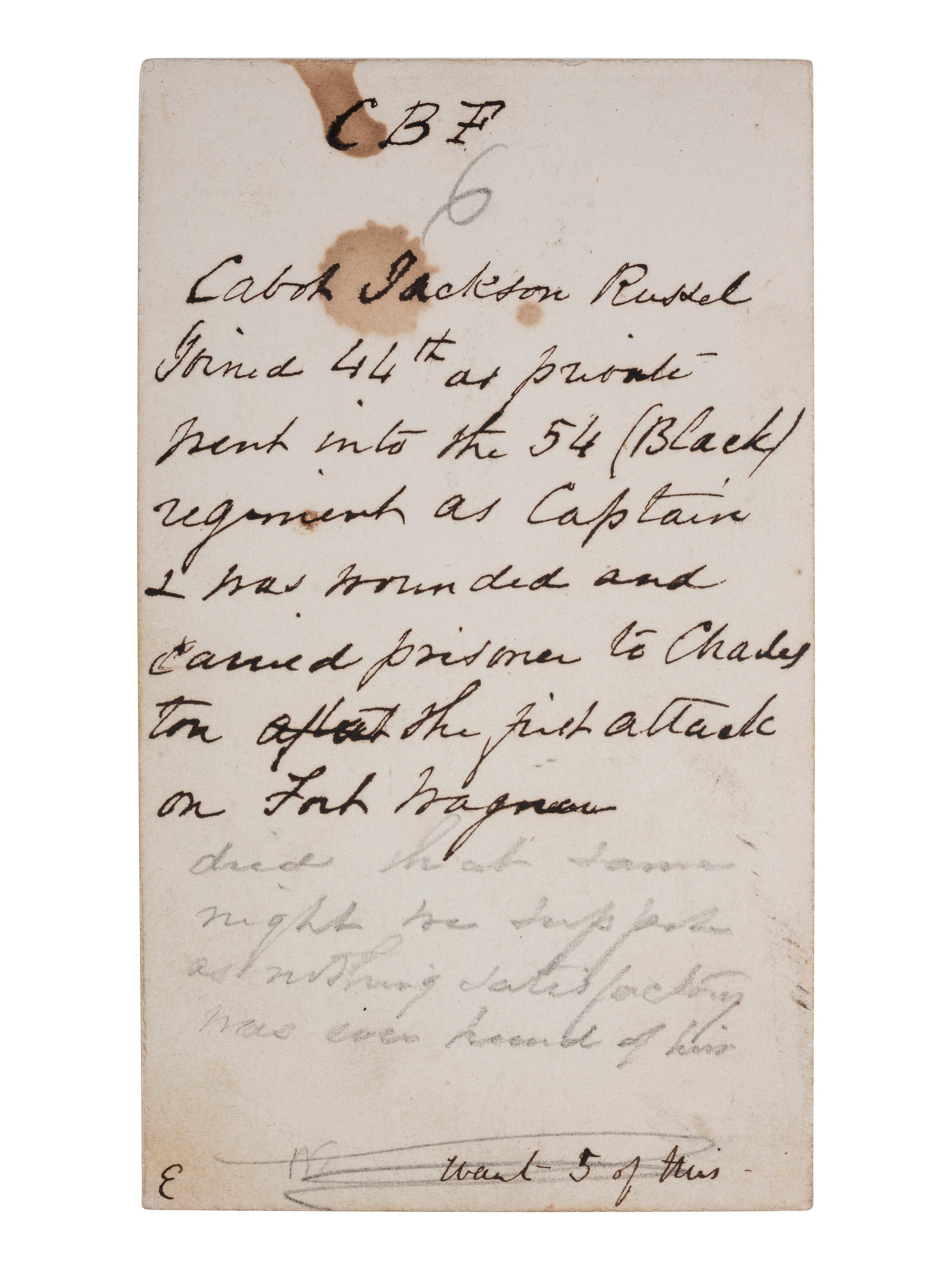 [CIVIL WAR]. CDV of Cabot J. Russell, 54th Massachusetts Infantry Regiment, KIA at Fort Wagner. [Boston: Whipple], ca 1863.