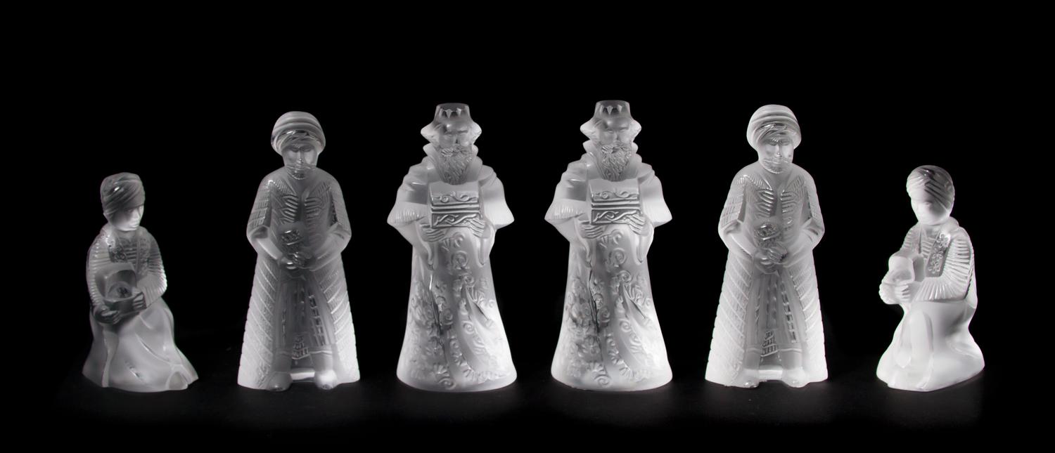 Two Lalique Molded and Frosted Glass Sets, Height of tallest 5 1/8 inches.