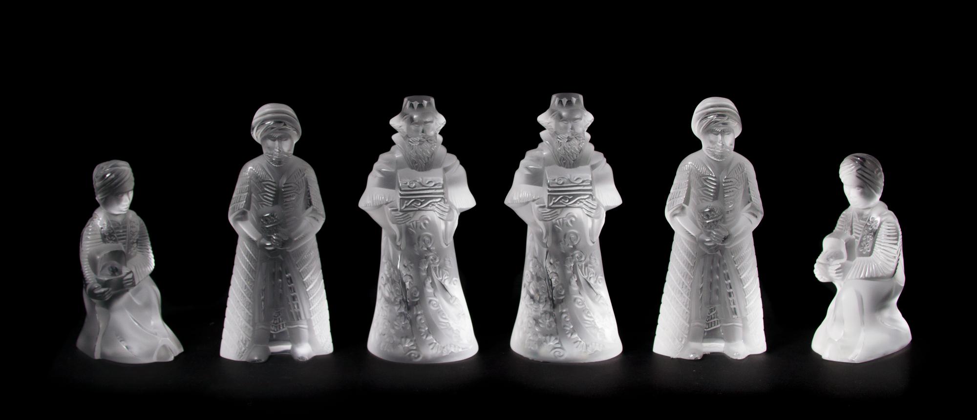 Two Lalique Molded and Frosted Glass Sets, Height of tallest 5 1/8 inches.