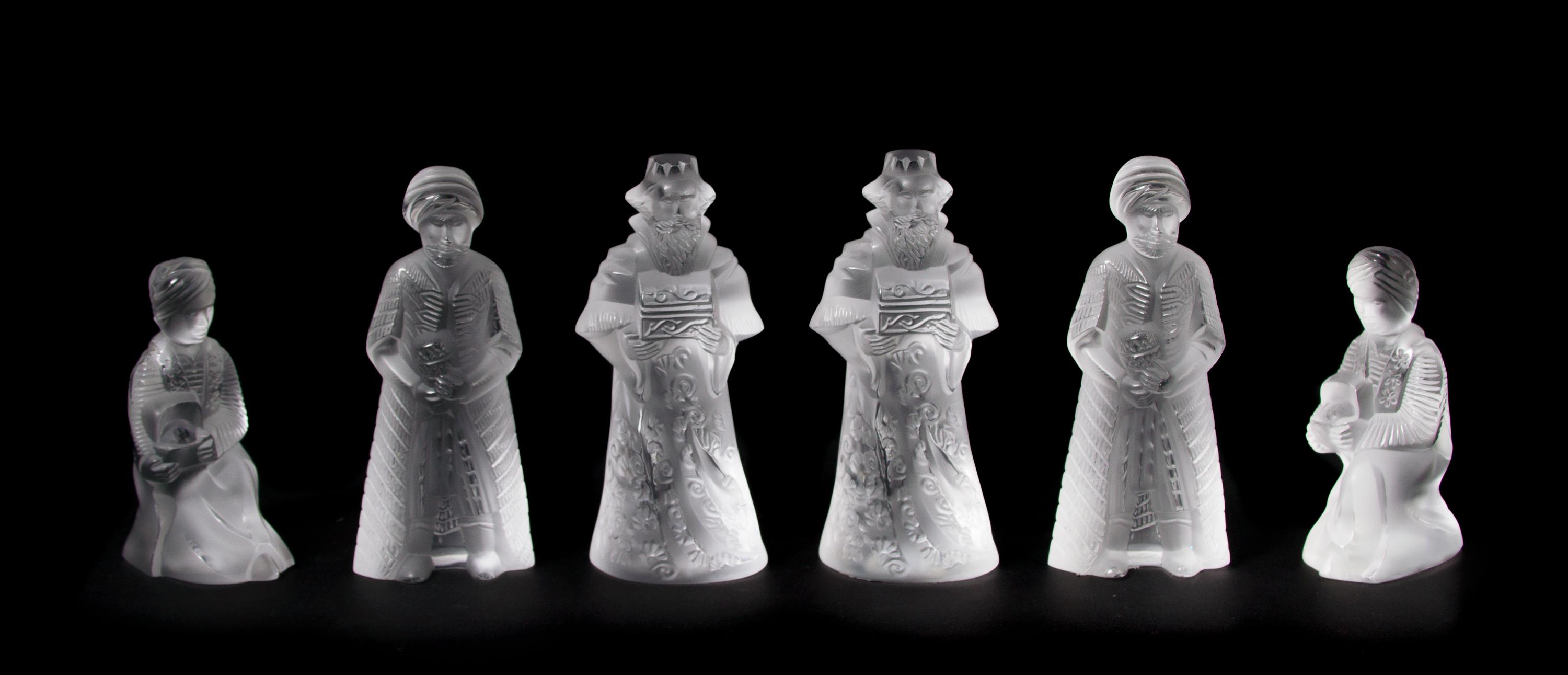 Two Lalique Molded and Frosted Glass Sets, Height of tallest 5 1/8 inches.