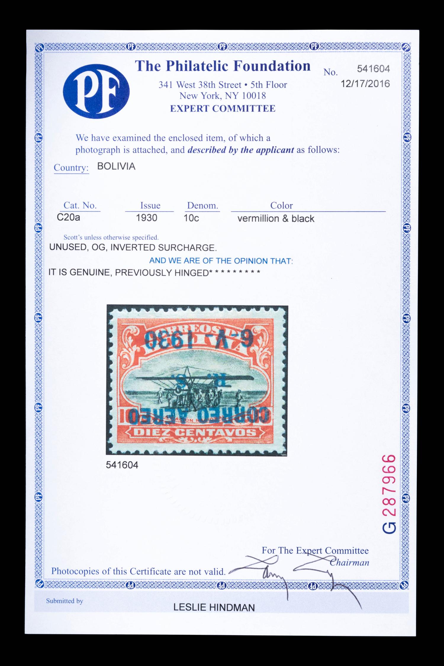 [SURCHARGE ERROR] BOLIVIA. Airmail. 1930. 10c. Vermillion and Black with Blue Surcharge (#C20a), Inverted Surcharge