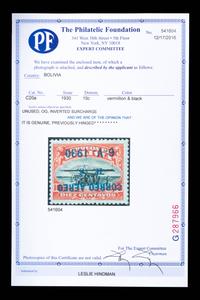 [SURCHARGE ERROR] BOLIVIA. Airmail. 1930. 10c. Vermillion and Black with Blue Surcharge (#C20a), Inverted Surcharge