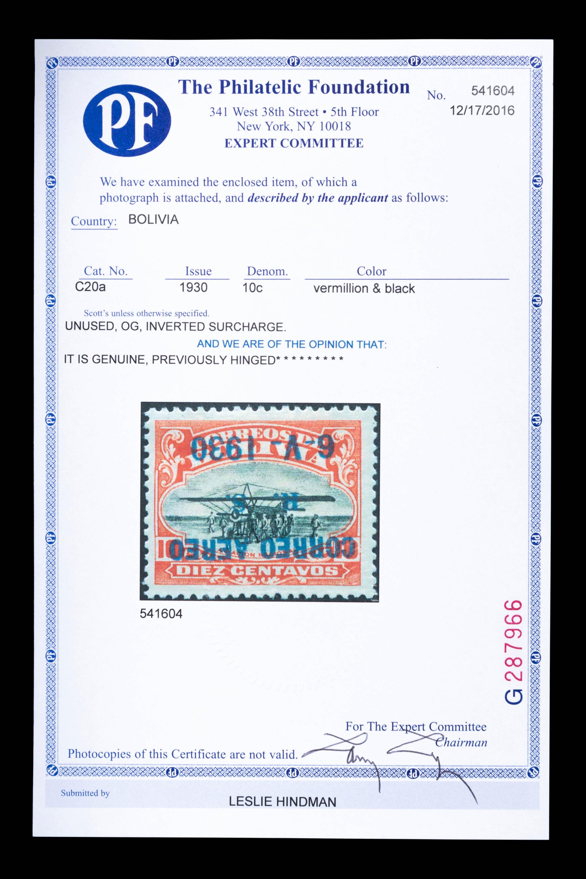[SURCHARGE ERROR] BOLIVIA. Airmail. 1930. 10c. Vermillion and Black with Blue Surcharge (#C20a), Inverted Surcharge