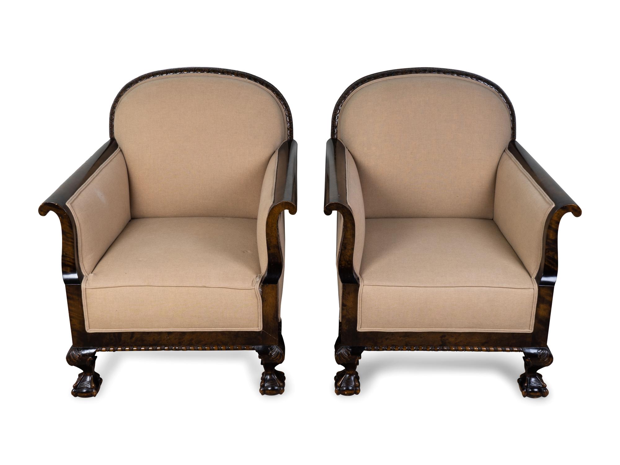 A Pair of Georgian Style Upholstered Mahogany Armchairs — 20TH CENTURY