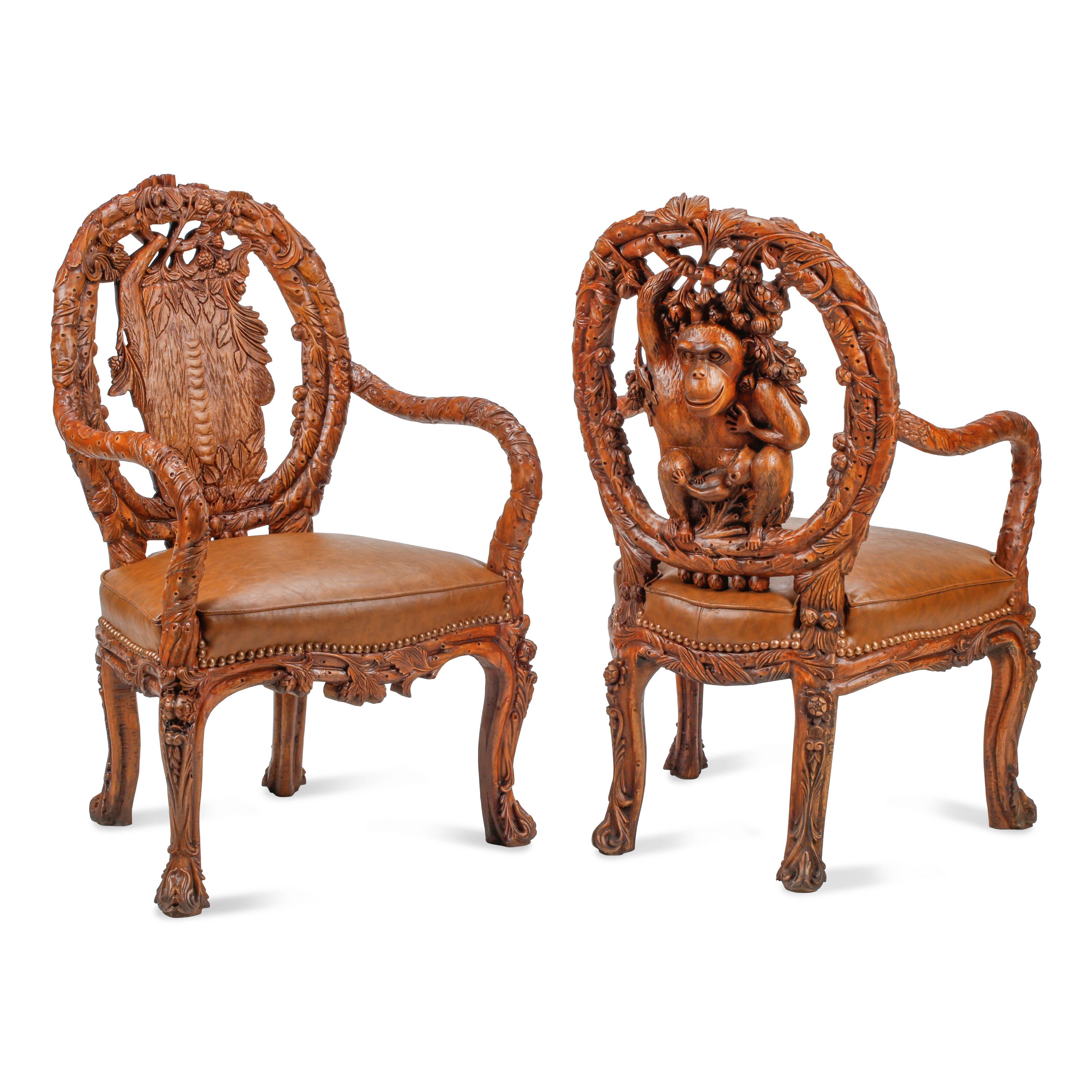A Pair of Italian Carved Monkey Motif Fantasy Armchairs