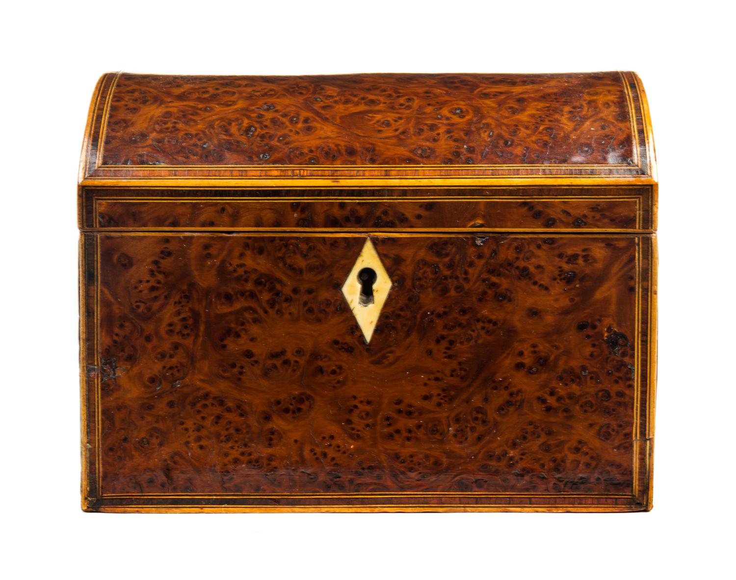 Two English Burlwood Tea Caddies Width of first 7 1/4 inches.