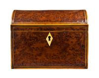 Two English Burlwood Tea Caddies Width of first 7 1/4 inches.