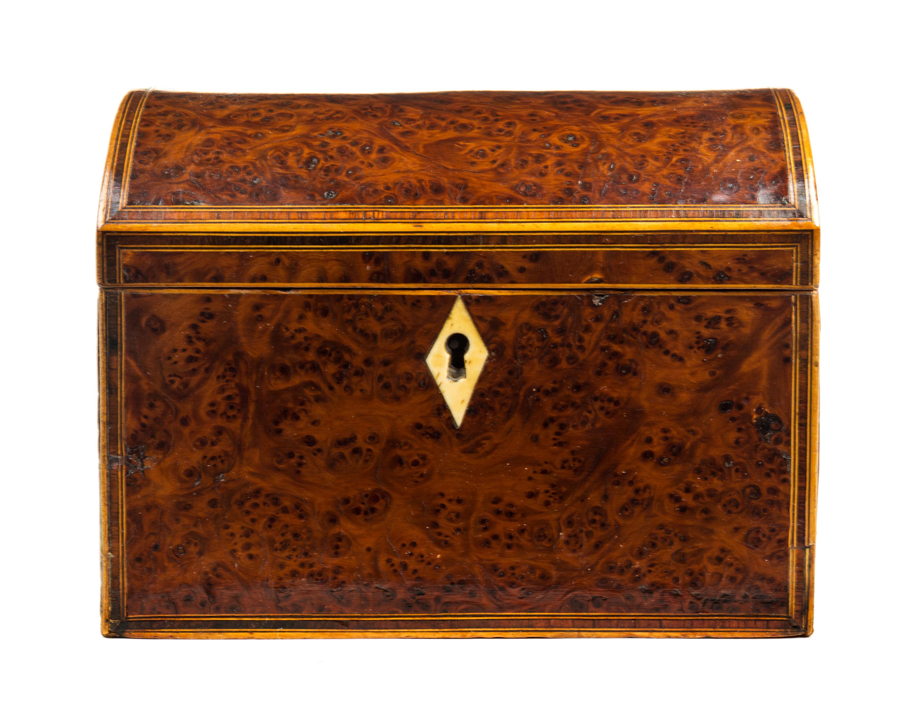 Two English Burlwood Tea Caddies Width of first 7 1/4 inches.