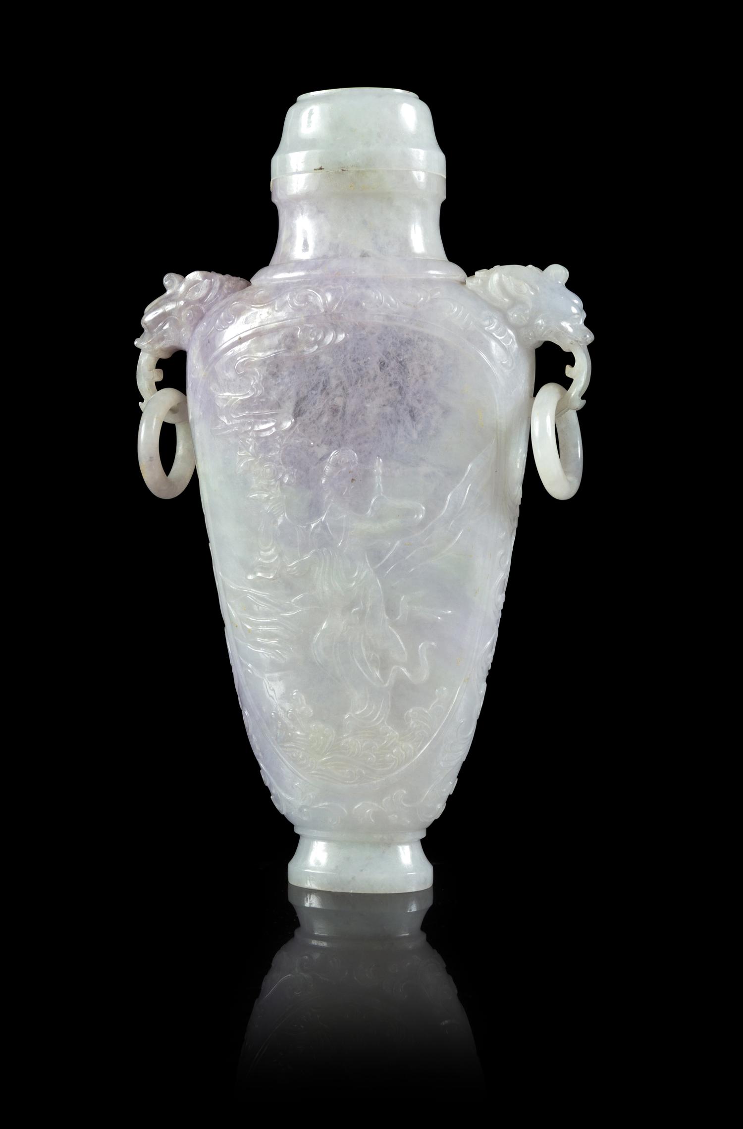 A Lavender and Pale Celadon Jadeite Doubled Dragon Handled Covered Vase