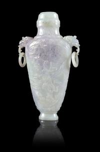 A Lavender and Pale Celadon Jadeite Doubled Dragon Handled Covered Vase