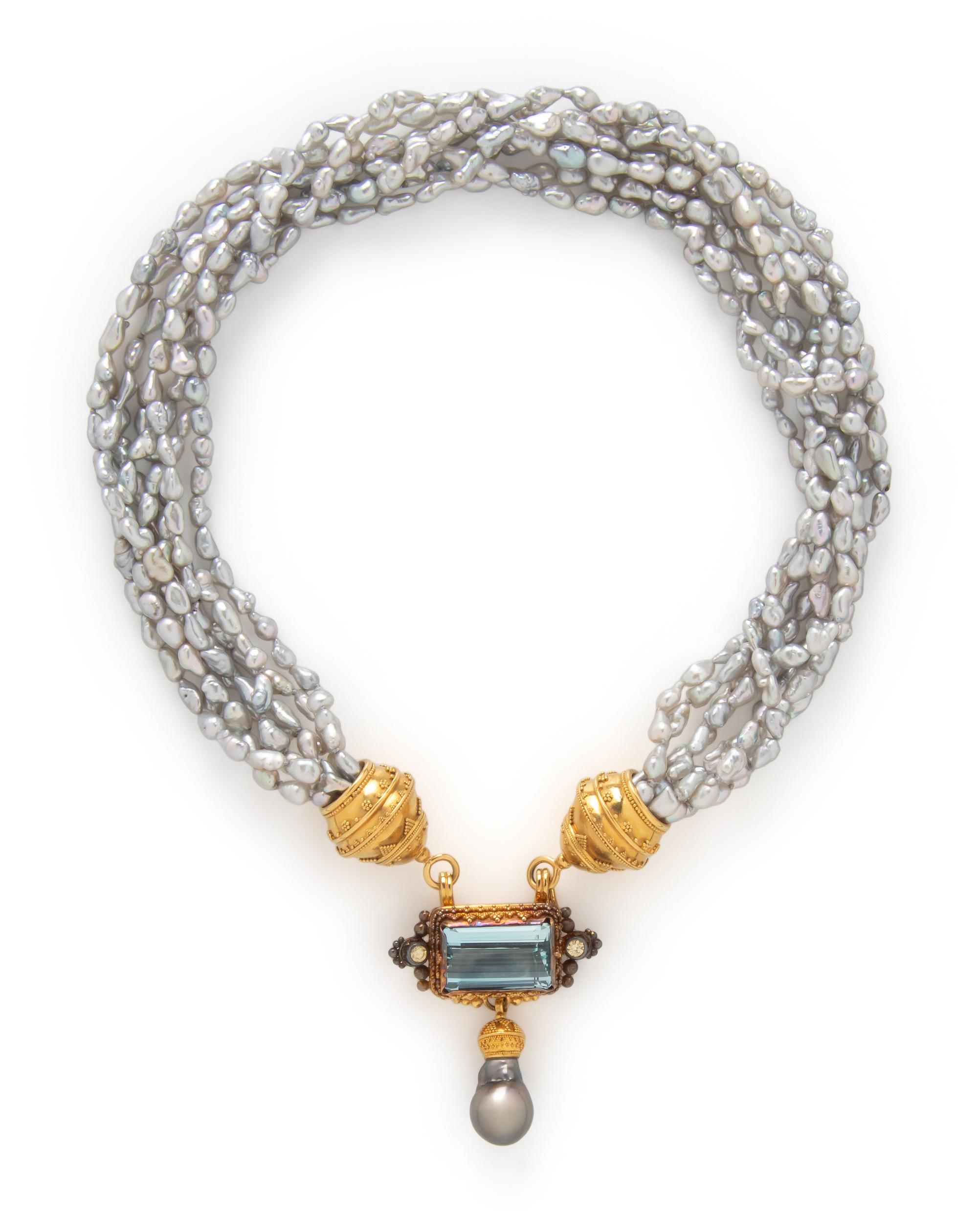 LUNA FELIX GOLDSMITH, YELLOW GOLD, GRAY CULTURED PEARL, AND AQUAMARINE NECKLACE