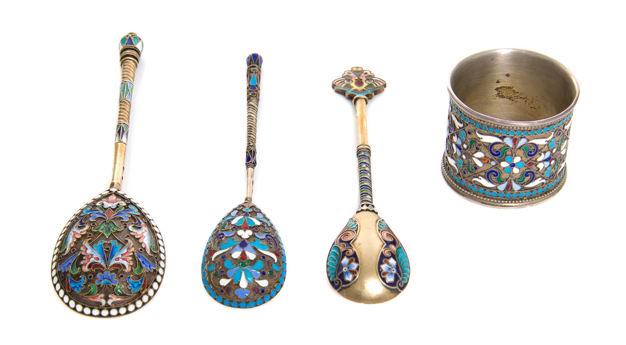 Three Russian Enameled Spoons, 19th/20th Century, of various forms, sizes and decoration, one having a spurious Faberge mark, together