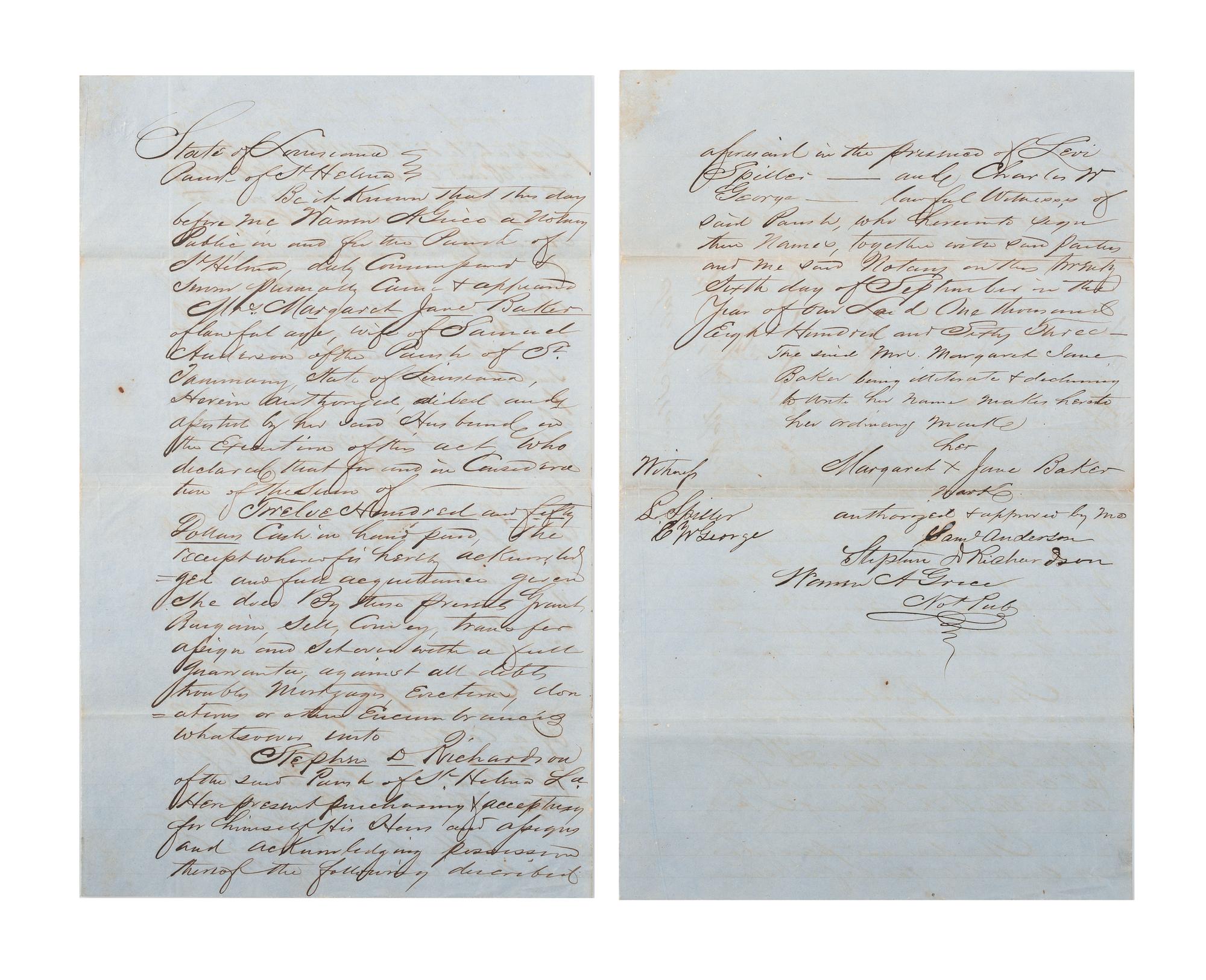 [SLAVERY & ABOLITION]. Bill of sale for "Negro Man Jerry". Amite City, St. Helena Parish, Louisiana, 26 September 1863.