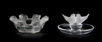 A Lalique Molded and Frosted Glass Ring Tray, Diameter of first 4 inches.