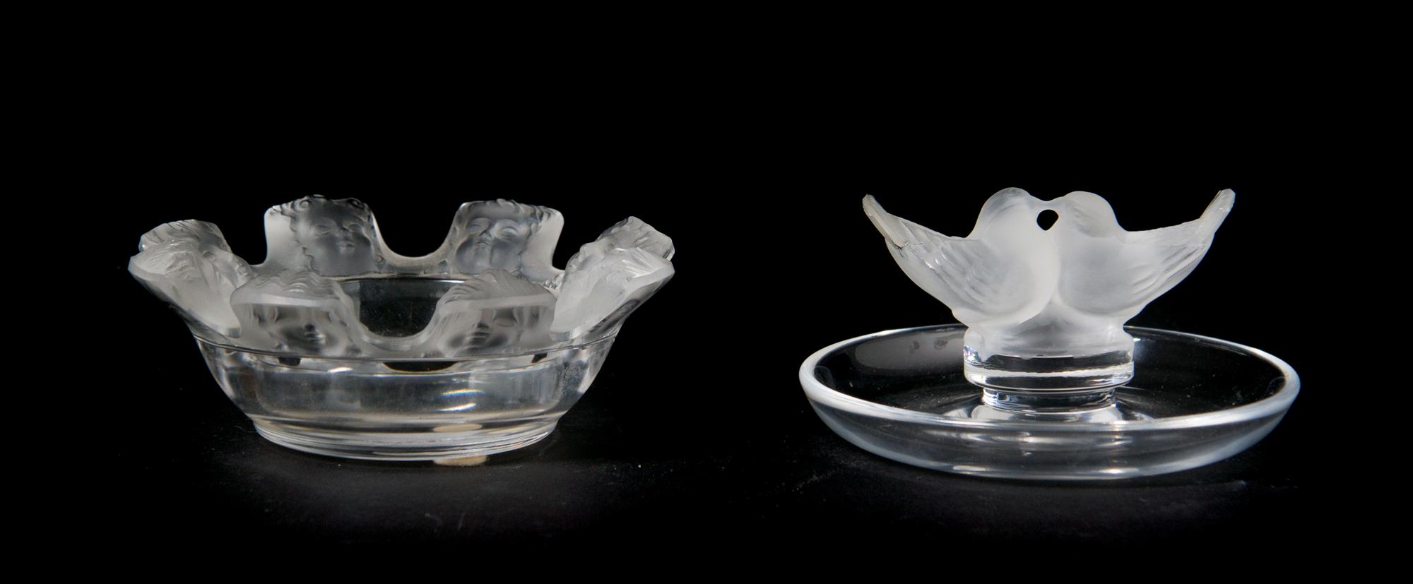 A Lalique Molded and Frosted Glass Ring Tray, Diameter of first 4 inches.