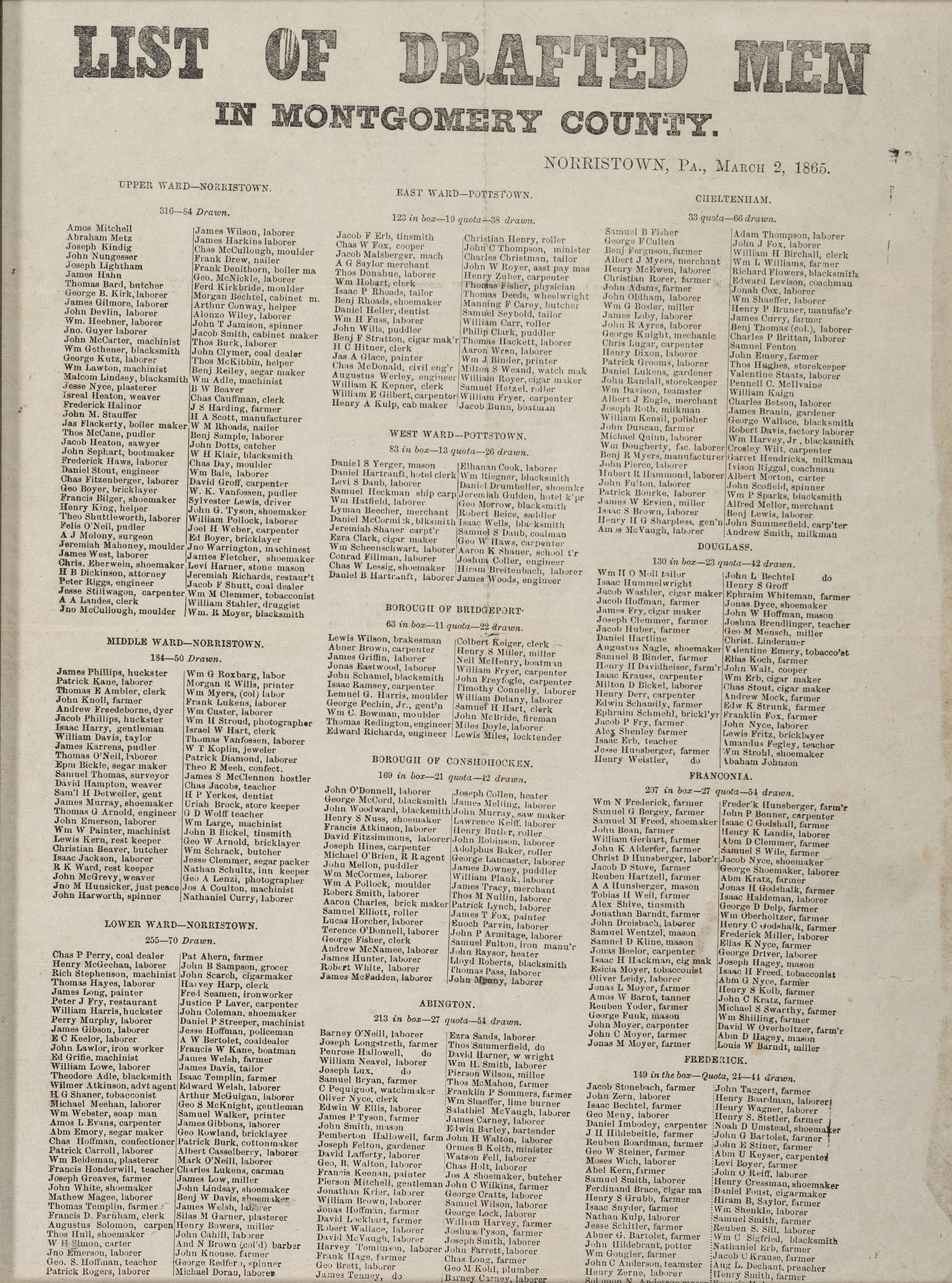 [CIVIL WAR]. List of Drafted Men in Montgomery County. Norristown, PA: N.p., 2 March 1865.