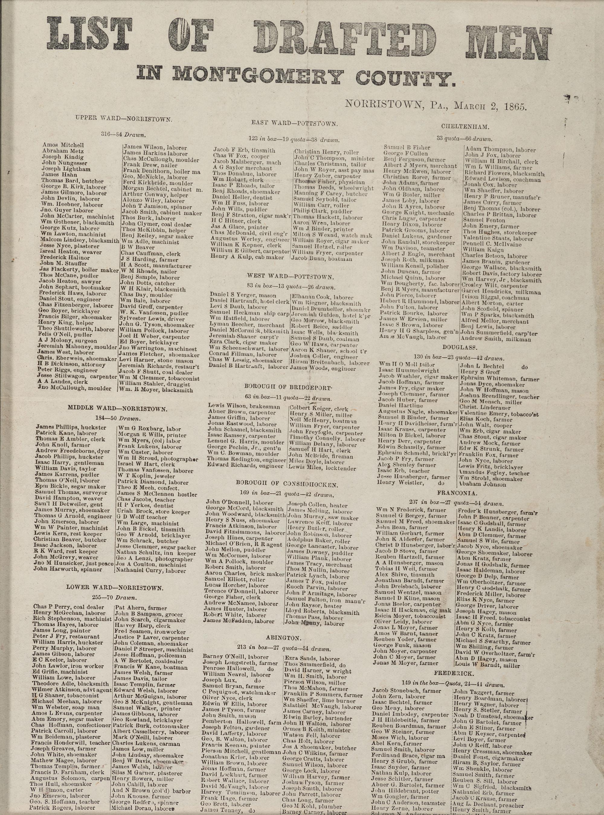 [CIVIL WAR]. List of Drafted Men in Montgomery County. Norristown, PA: N.p., 2 March 1865.
