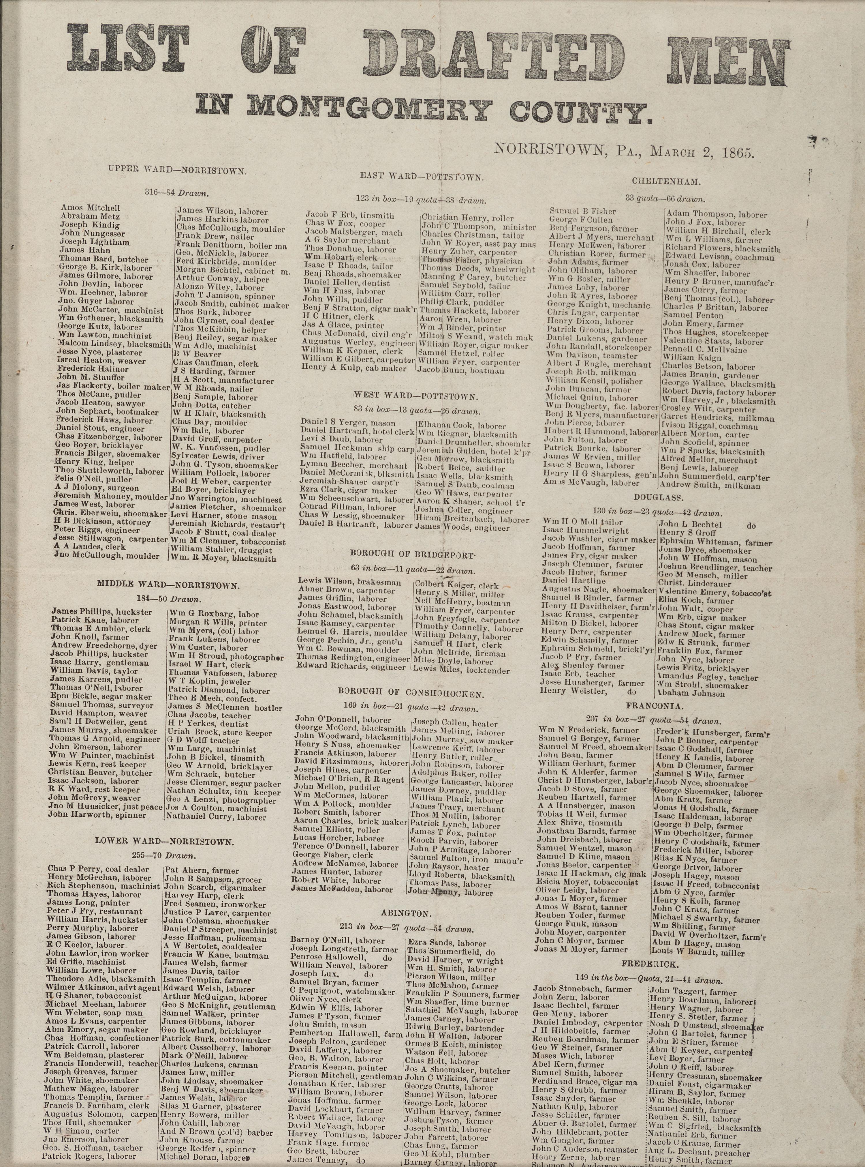 [CIVIL WAR]. List of Drafted Men in Montgomery County. Norristown, PA: N.p., 2 March 1865.