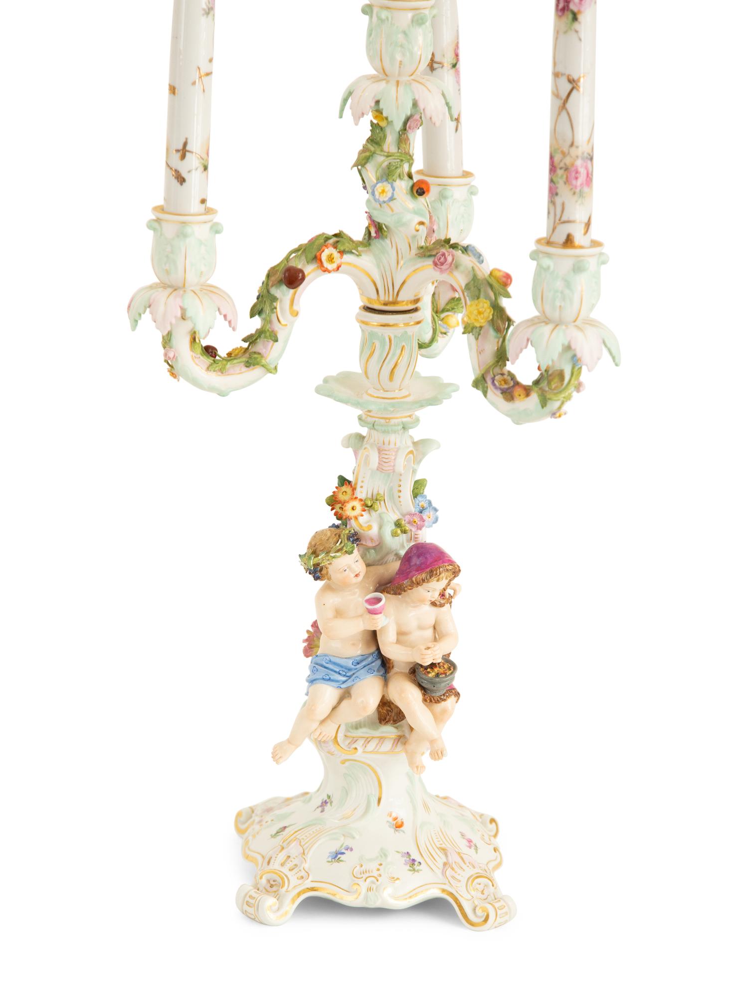A Pair of Meissen Porcelain Figural Four Light Candelabra