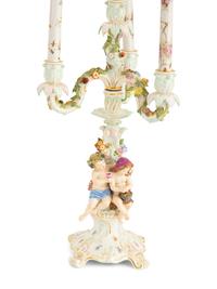 A Pair of Meissen Porcelain Figural Four Light Candelabra