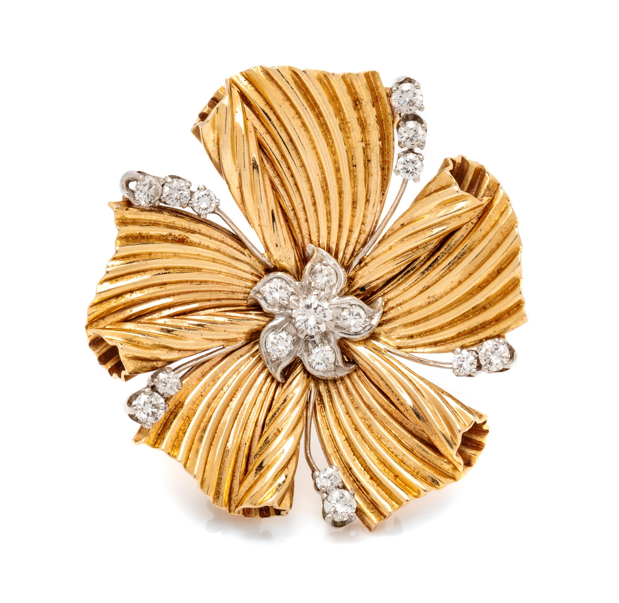 A 14 Karat Yellow Gold, Platinum and Diamond Clip/Brooch, Tiffany & Co., 11.20 dwts.