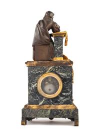 A Louis Philippe Verde Antico Marble, Gilt and Patinated Bronze Figural Mantel Clock