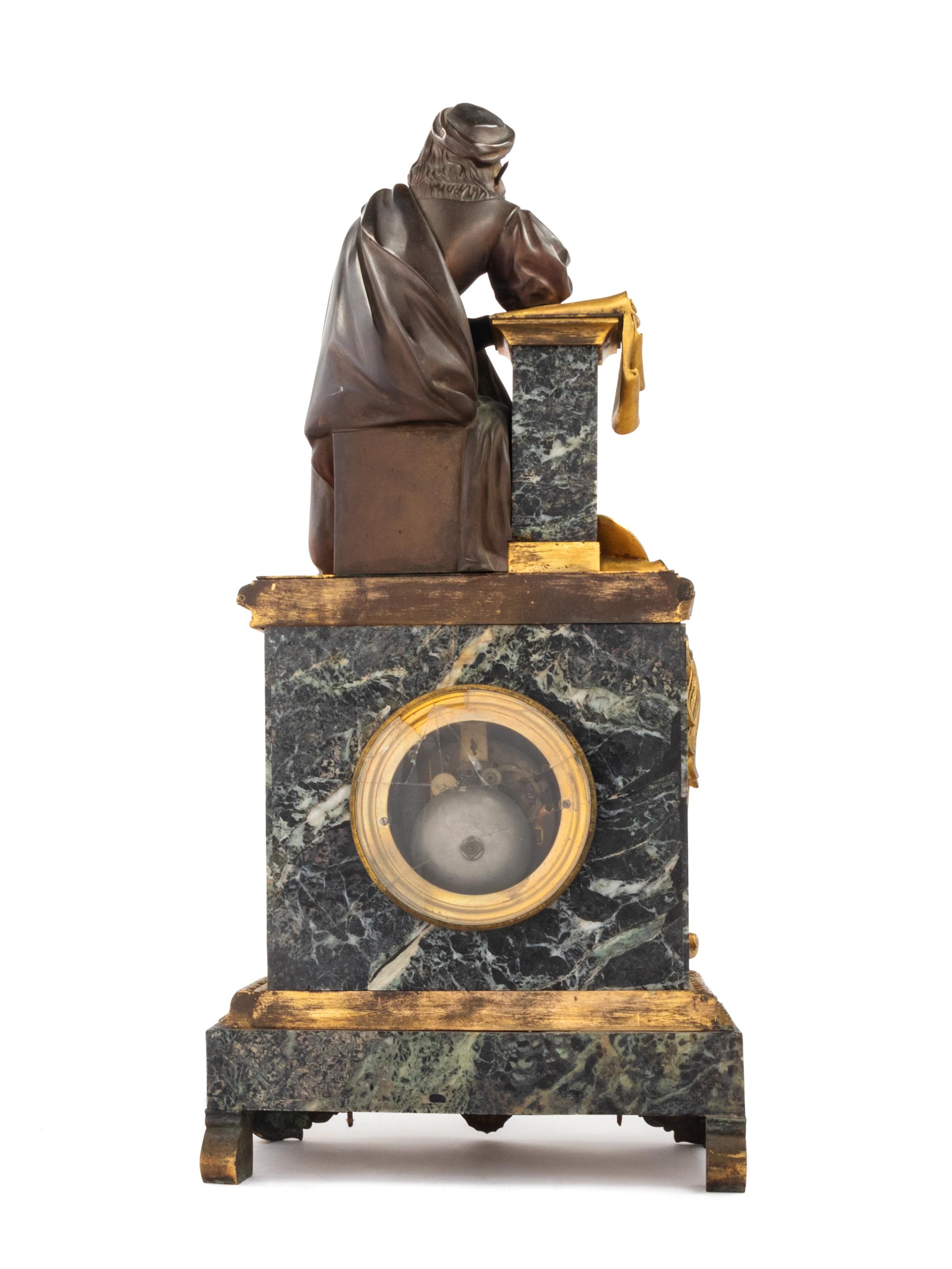 A Louis Philippe Verde Antico Marble, Gilt and Patinated Bronze Figural Mantel Clock