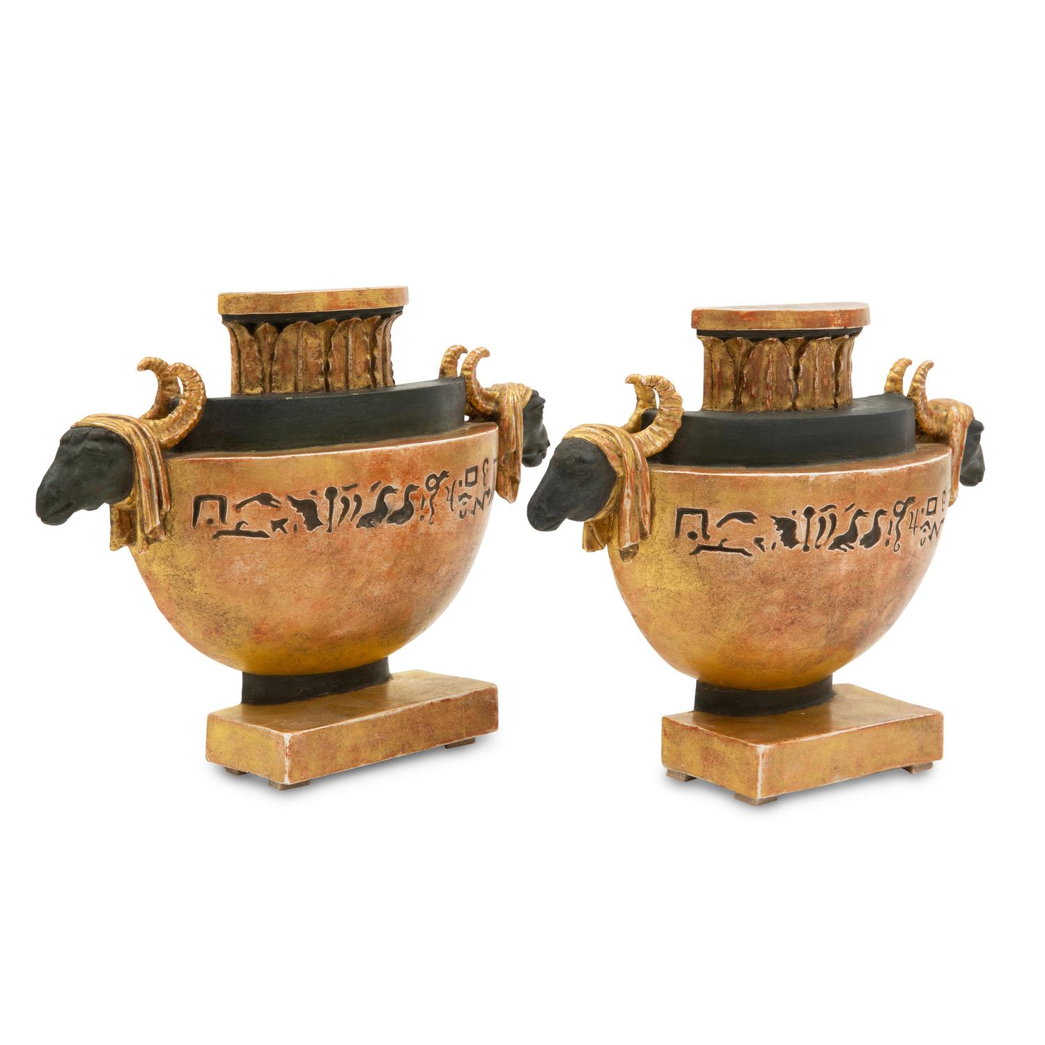 A Pair of Neoclassical Painted and Parcel Gilt Flat-Back Table Ornaments