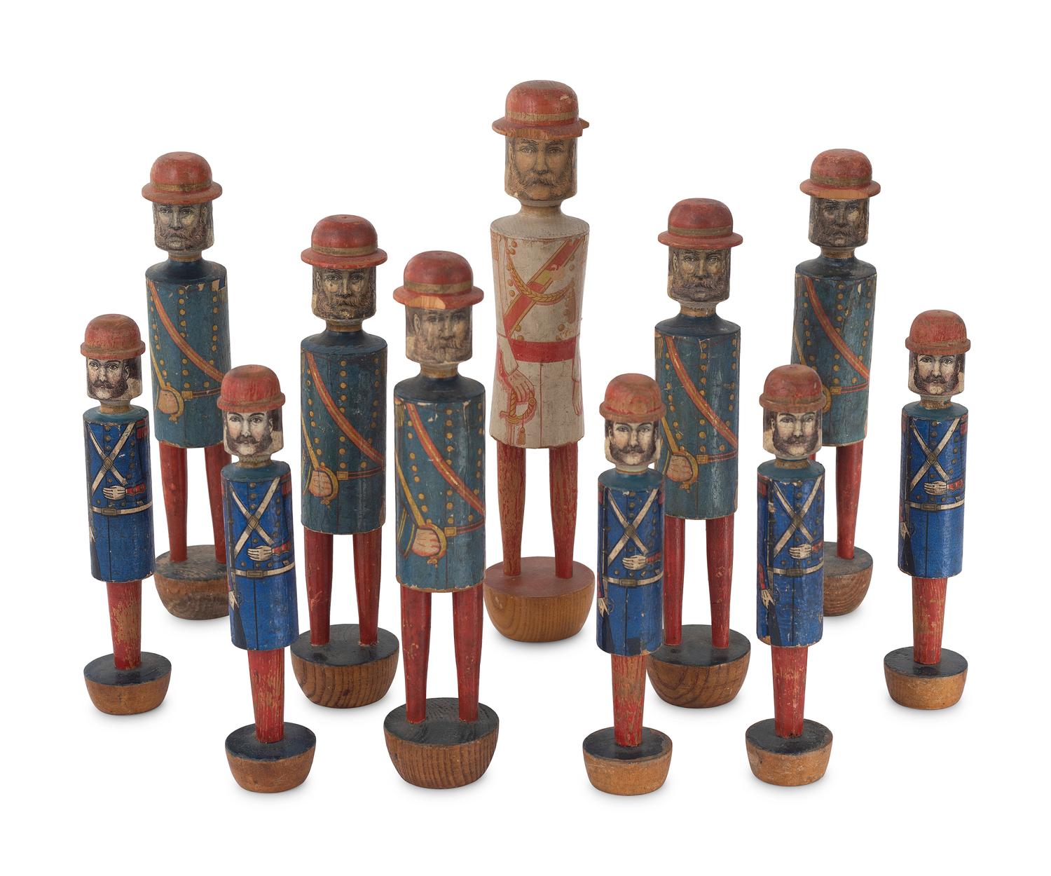 A Set of Painted Wood and Lithographed Military Ten-Pins